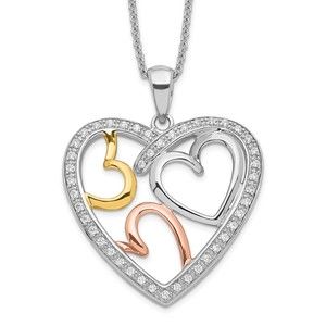 925 Sterling Silver Rose & Gold-plated CZ The Bond of Love Heart 18" Necklace